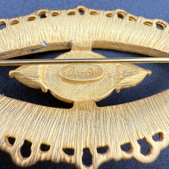 Vintage Daria Brooch Black Enamel Gold-Tone Oval Pearl Inspired Pin With Rhinest - Picture 3 of 4